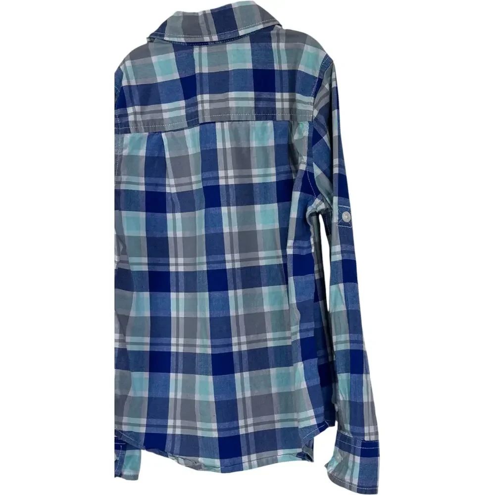 The Children's Place Boys Button-Up Shirt 5/6 Blue Gray Plaid Long Sleeve Cotton